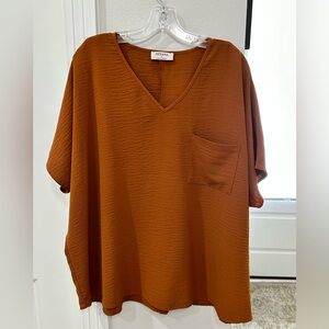 Zenana size large blouse Carmel color pocket polyester loose fit